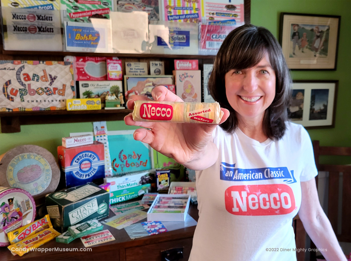 Darlene Lacey with a roll of necco Wafers